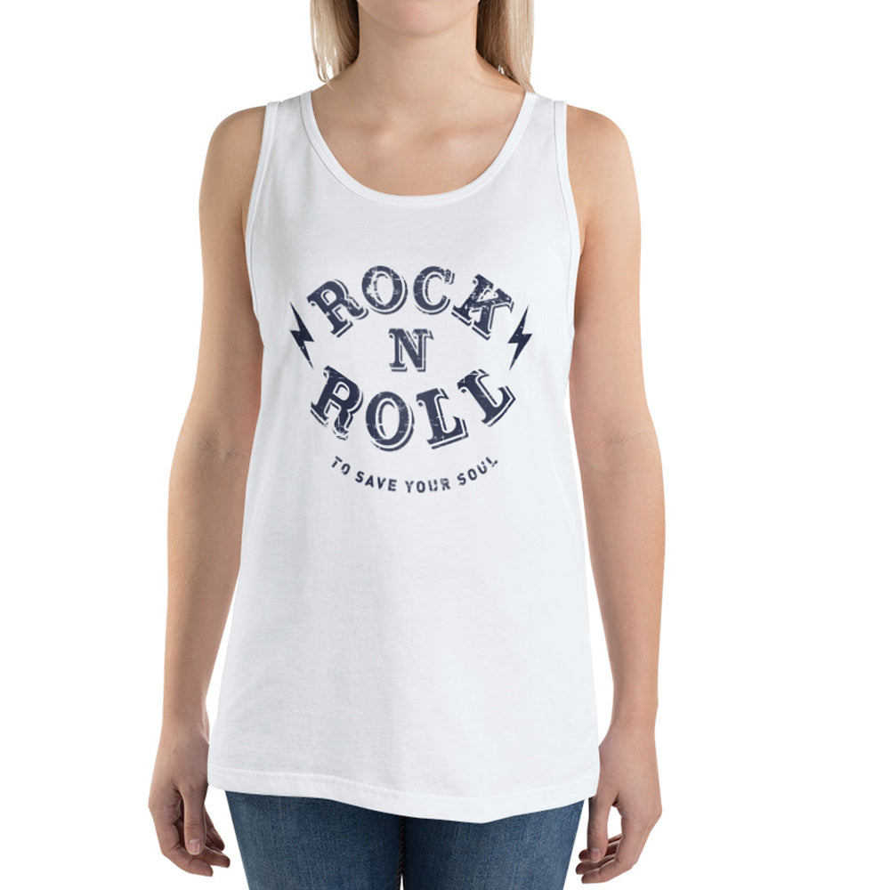 A woman wearing a white unisex tank top with the retro graphic that reads “Rock n Roll to save your soul” with dual lightning bolts. From Wolfsaint.net