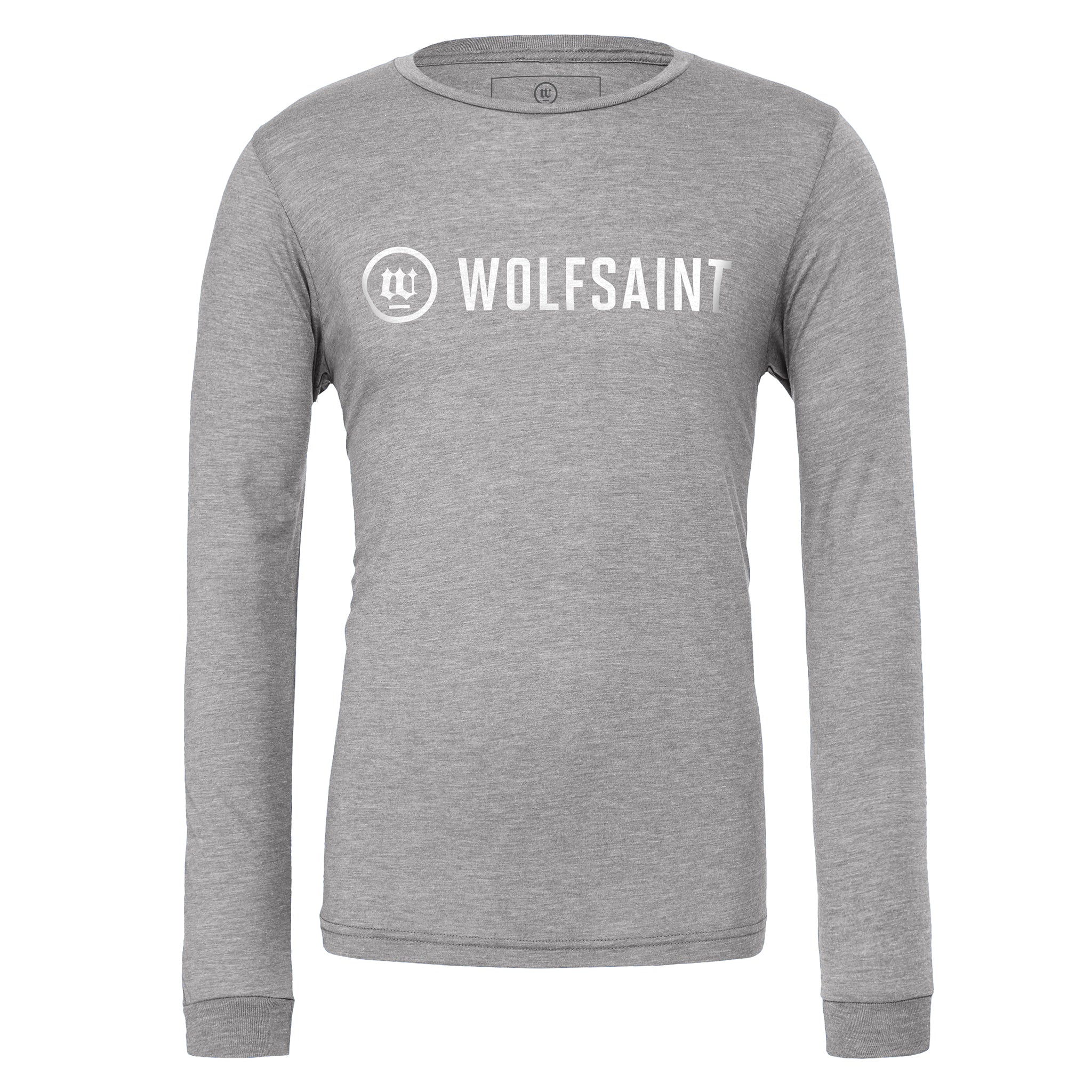 A simple, elegant unisex long sleeved t-shirt in Athletic Heather Gray, with the fashionable WOLFSAINT logo branding across the chest in white. From Wolfsaint.net