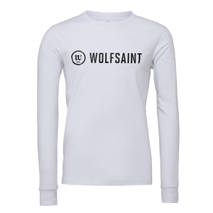 A simple, elegant unisex long sleeved t-shirt in White, with the fashionable WOLFSAINT logo branding across the chest in black. From Wolfsaint.net