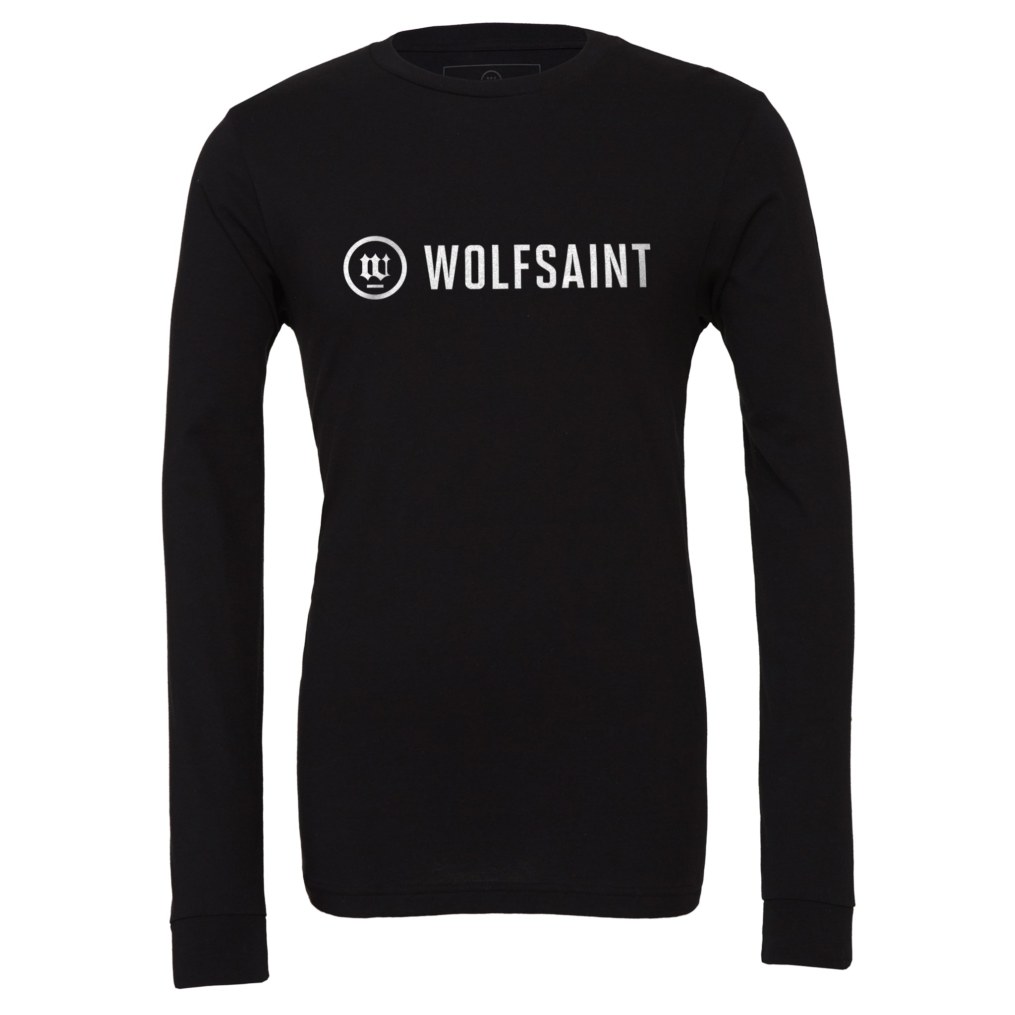 A simple, elegant unisex long sleeved t-shirt in Classic Black, with the fashionable WOLFSAINT logo branding across the chest in white. From Wolfsaint.net