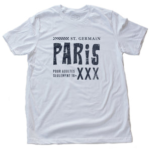 A fashionable, vintage-inspired retro graphic t-shirt in distressed black on Classic White. On the shirt is a sarcastic promotion of the adult entertainment district in St. Germain, with the large word “PARIS” and “XXX” most prominent. By fashion brand YUF. From wolfsaint.net