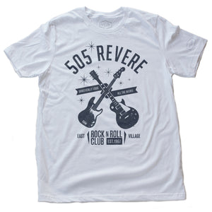 White retro, vintage-inspired t-shirt for a fictional Rock and Roll club, with Fender and Gibson guitar and bass. From wolfsaint.net