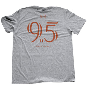 Athletic Gray / Grey sarcastic, ironic t-shirt with mocking, self-deprecating large "9.5" graphic, referring to 'almost a perfect 10' in the style of a sports jersey
