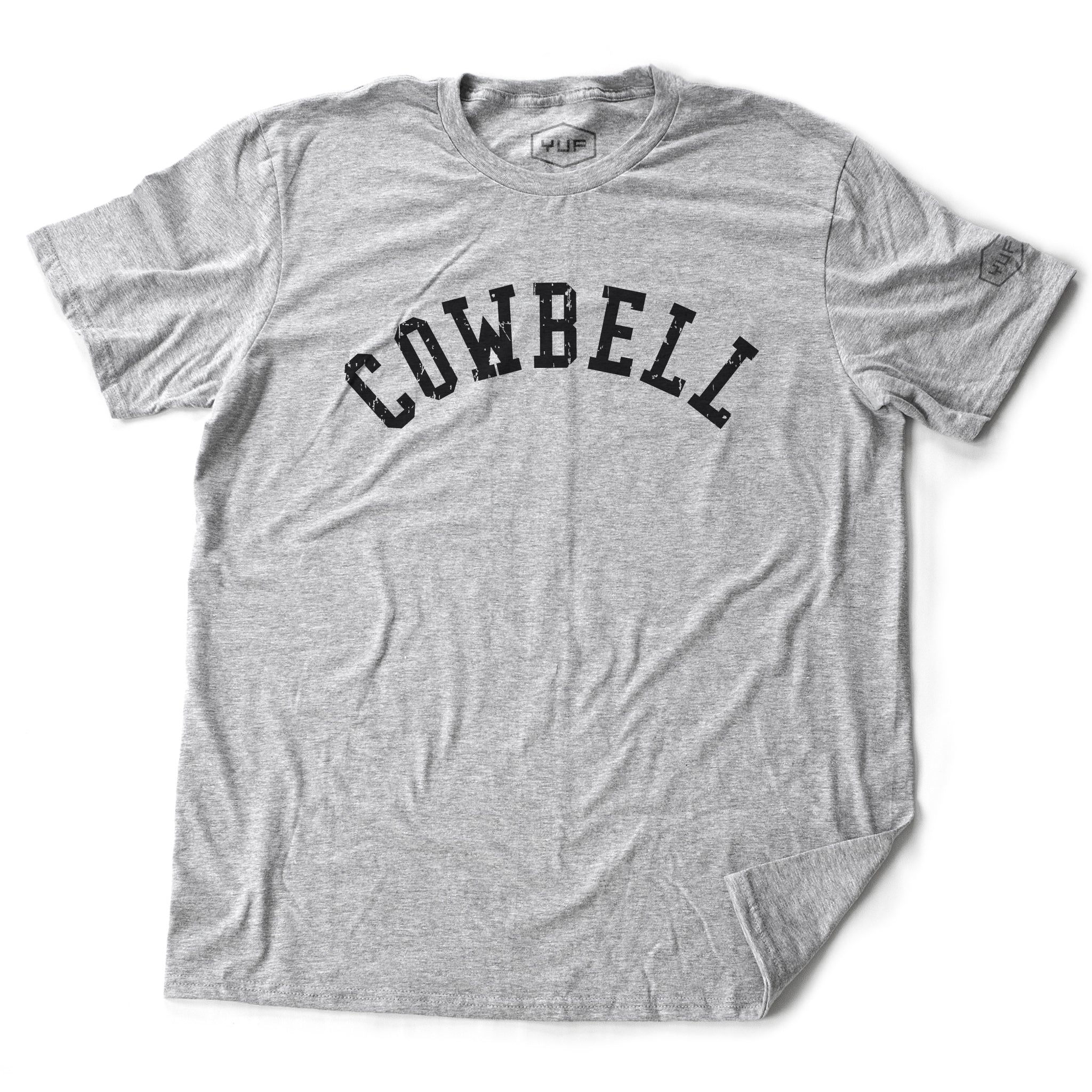 A classic heather gray, retro, college-style t-shirt inspired by the classic Saturday Night Live comedy skit featuring Will Ferrell and Christopher Walken, “I got a fever and the only cure is more Cowbell.” This COWBELL tee is like a Cornell University t-shirt. From fashion brand YUF, available on wolfsaint.net