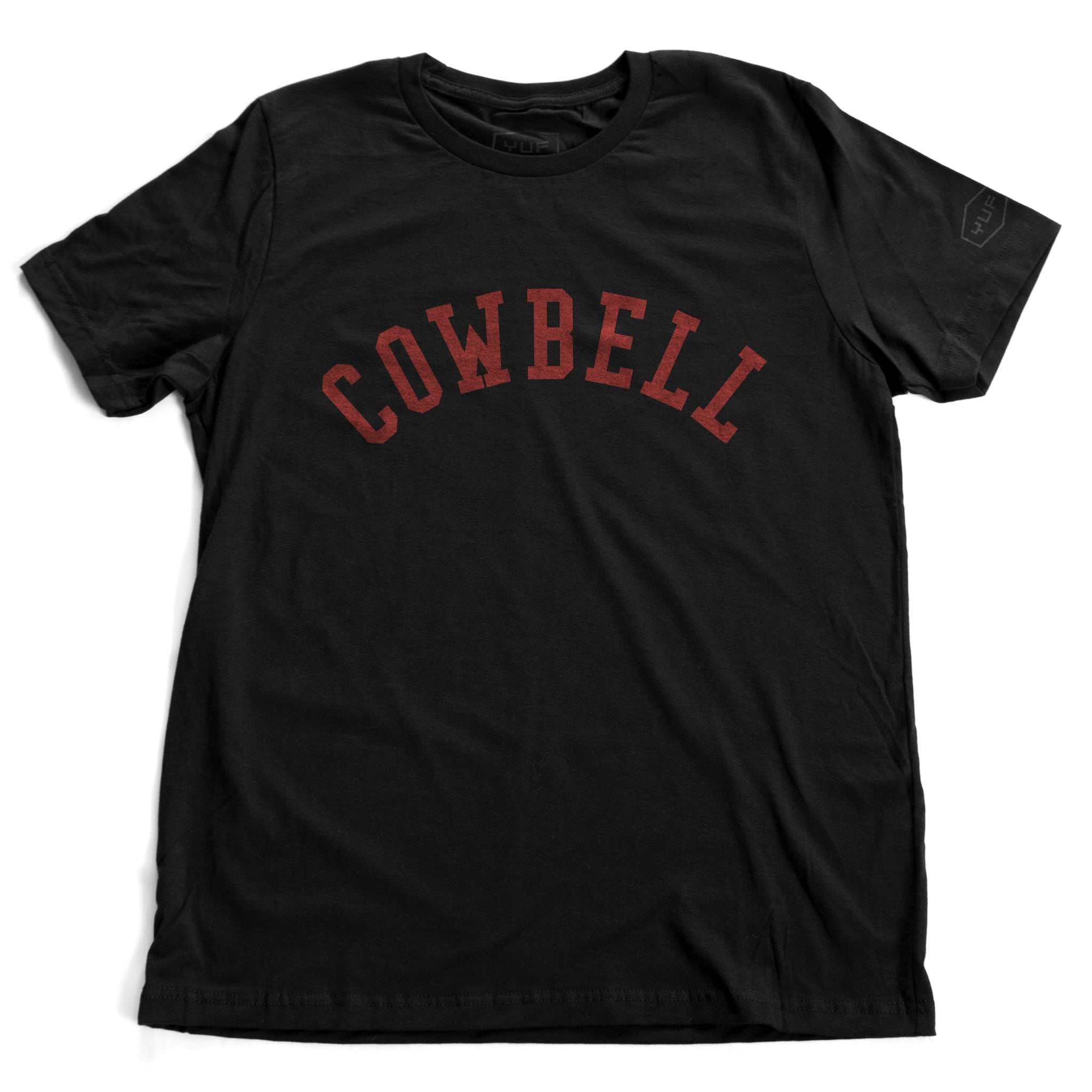 A classic black, retro, college-style t-shirt inspired by the classic Saturday Night Live comedy skit featuring Will Ferrell and Christopher Walken, “I got a fever and the only cure is more Cowbell.” This COWBELL tee is like a Cornell University t-shirt. From fashion brand YUF, available on wolfsaint.net