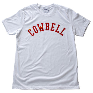 A white, classic, retro, college-style t-shirt inspired by the classic Saturday Night Live comedy skit featuring Will Ferrell and Christopher Walken, “I got a fever and the only cure is more Cowbell.” This COWBELL tee is like a Cornell University t-shirt. From fashion brand YUF, available on wolfsaint.net
