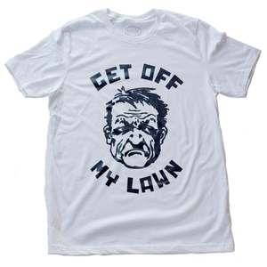 A sarcastic t-shirt in white, inspired by the “Get Off My Lawn” meme, featuring a cartoonish angry man and bold typography. From fashion brand YUF, available at wolfsaint.net