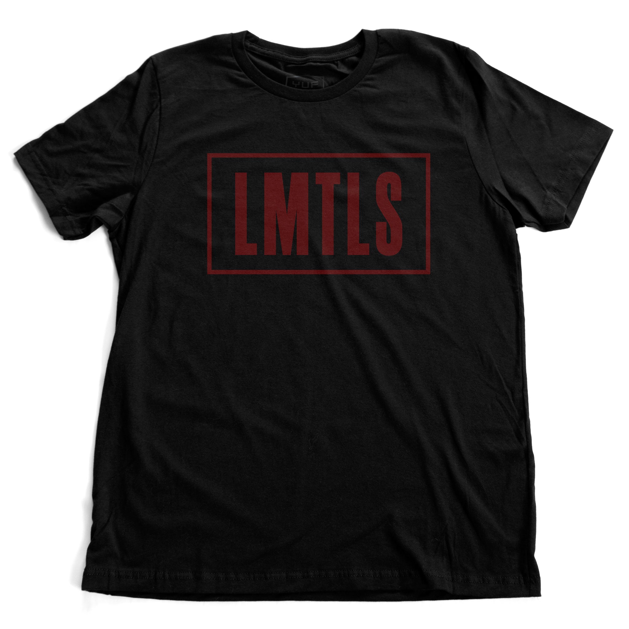 An inspirational, motivational graphic t-shirt in Black, with the typographic treatment LMTLS, representing a “limitless” lifestyle. On the back of the shirt is the number 10, as in a 10 out of 10, perfect score. By fashion brand YUF, from wolfsaint.net