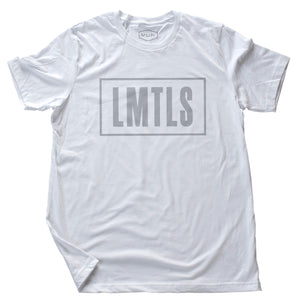 An inspirational, motivational graphic t-shirt in White, with the typographic treatment LMTLS, representing a “limitless” lifestyle. On the back of the shirt is the number 10, as in a 10 out of 10, perfect score. By fashion brand YUF, from wolfsaint.net