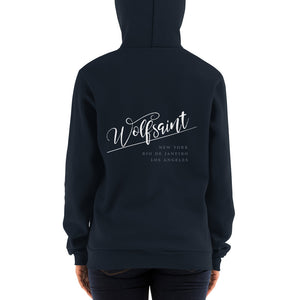 A trendy hoodie sweatshirt in Blue, with the elegant Wolfsaint script logo in white, and the Wolfsaint cities listed below: “New York, Rio de Janeiro, Los Angeles”. From Wolfsaint.net