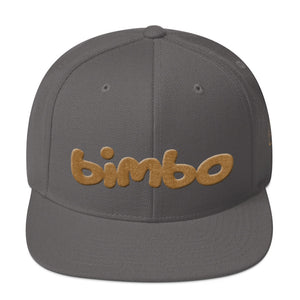 Gray retro, classic snapback baseball cap with the sarcastic/ironic word BIMBO embroidered in a streetwise bubble / graffiti font for skateboarders, rappers, athletes, etc. From wolfsaint.net