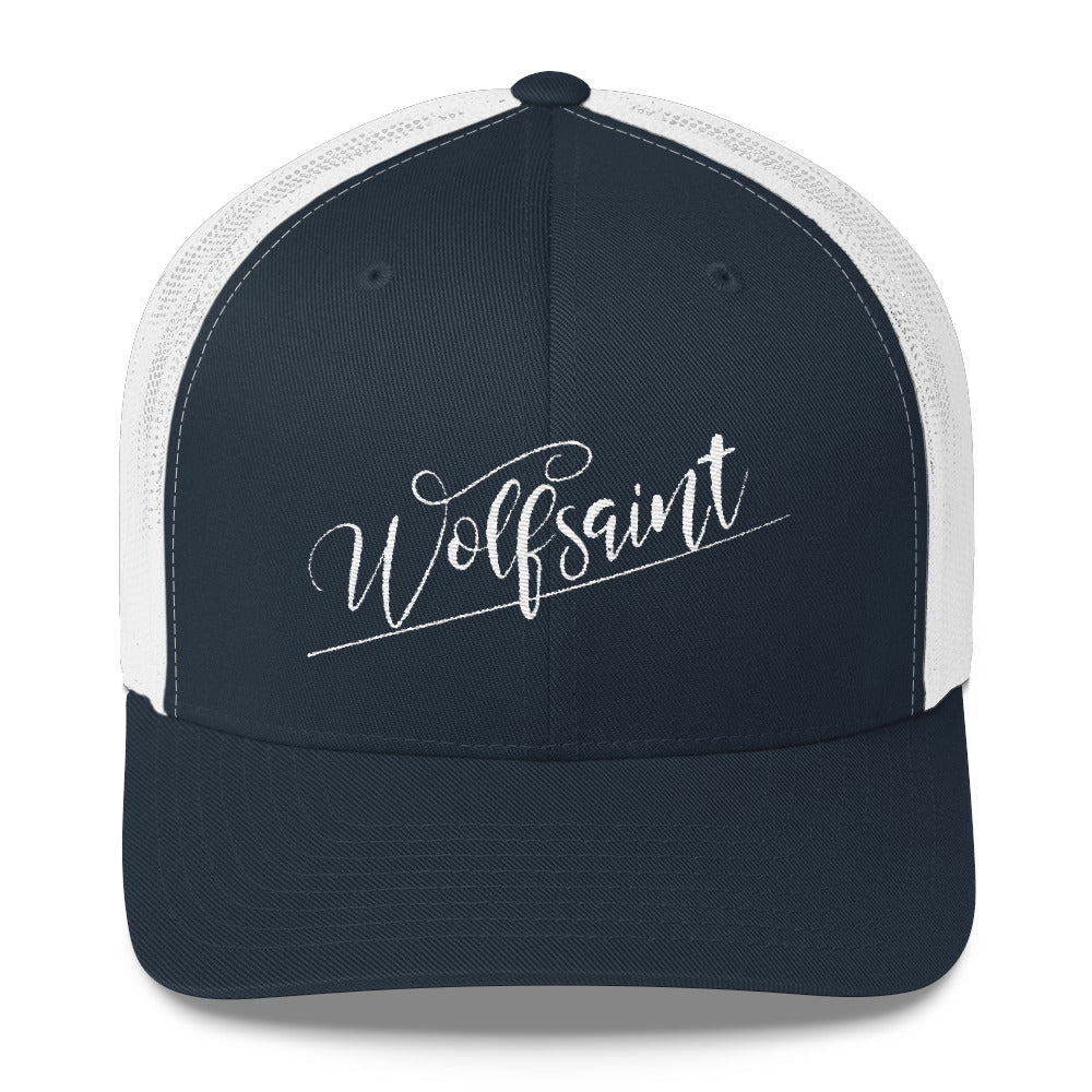A retro classic truckers cap with the Wolfsaint script logo across the front panels. From Wolfsaint.net