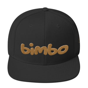 Black retro, classic snapback baseball cap with the sarcastic/ironic word BIMBO embroidered in a streetwise bubble / graffiti font for skateboarders, rappers, athletes, etc. From wolfsaint.net