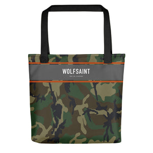 A medium sized stylish unisex beach or city tote bag, with an all-over camouflage / camo print, and a thick gray band at the top, with the WOLFSAINT gothic logo and “Rio de Janeiro” in small print. From Wolfsaint.net