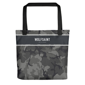 A elegant fashion-branded beach or city tote bag with a camo camouflage all-over pattern, and a solid band near the top with the WOLFSAINT gothic logo and “Rio de Janeiro” in small type. From Wolfsaint.net