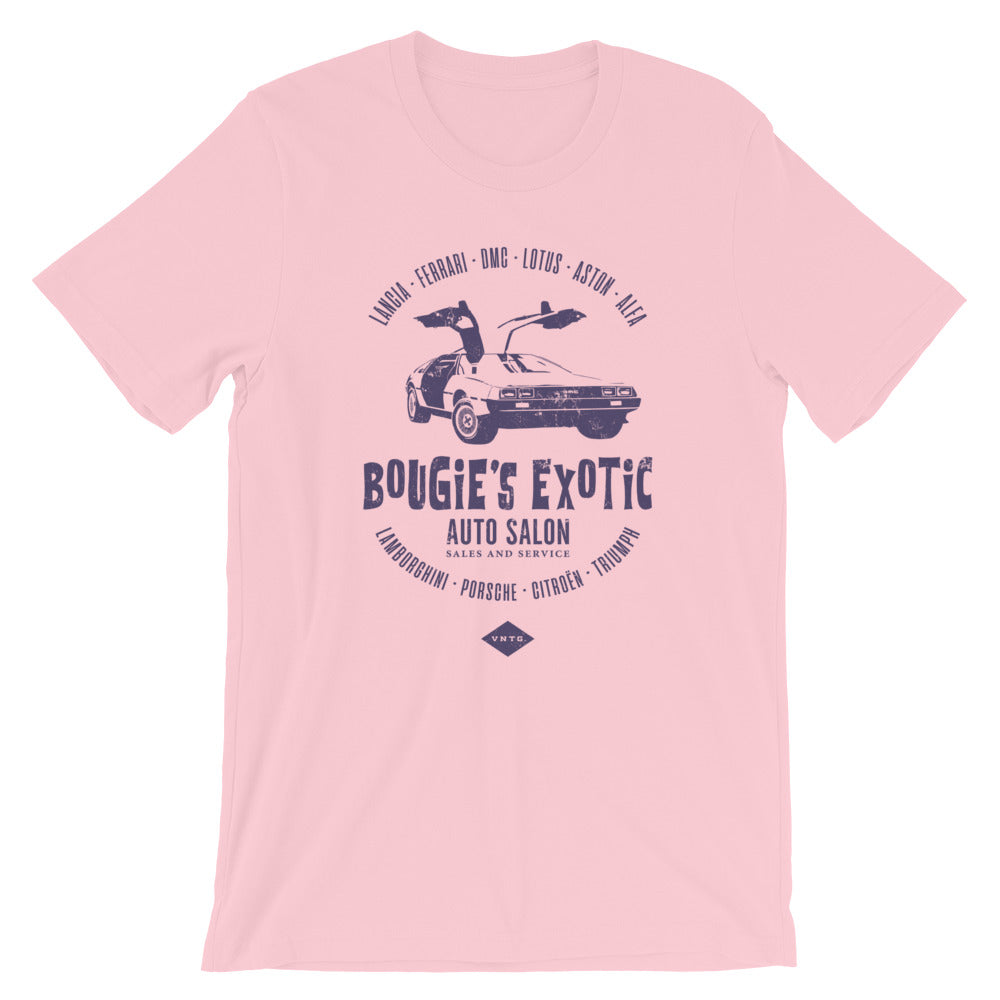 Pink retro t-shirt with vintage graphic design for a fictional auto / car mechanic, featuring an image of a Delorean, and text for classic cars Lancia, Ferrari, DMC, Lotus, Aston Martin, Lamborghini, Porsche, Citroen, and Triumph. By VNTG brand. From wolfsaint.net