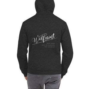 A trendy hoodie sweatshirt in Dark Heather Gray, with the elegant Wolfsaint script logo in white, and the Wolfsaint cities listed below: “New York, Rio de Janeiro, Los Angeles”. From Wolfsaint.net