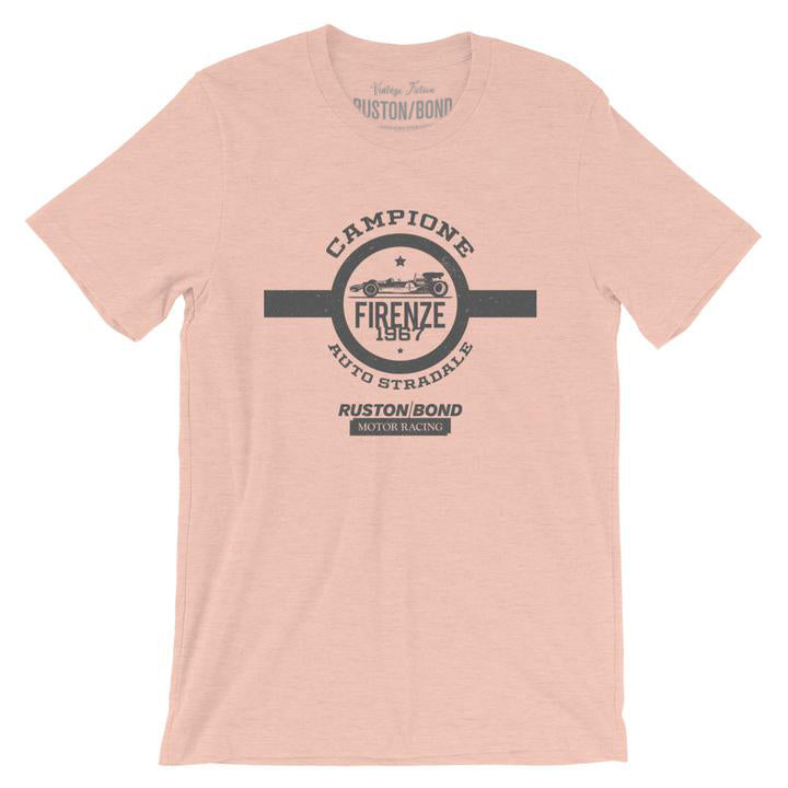 A vintage-inspired Classic t-shirt in soft pink, with a classic retro graphic of a championship Italian auto racing track from 1967. By fashion brand Ruston/Bond, from wolfsaint.net 