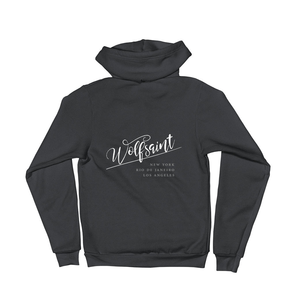 A trendy hoodie sweatshirt in Asphalt, with the elegant Wolfsaint script logo in white, and the Wolfsaint cities listed below: “New York, Rio de Janeiro, Los Angeles”. From Wolfsaint.net