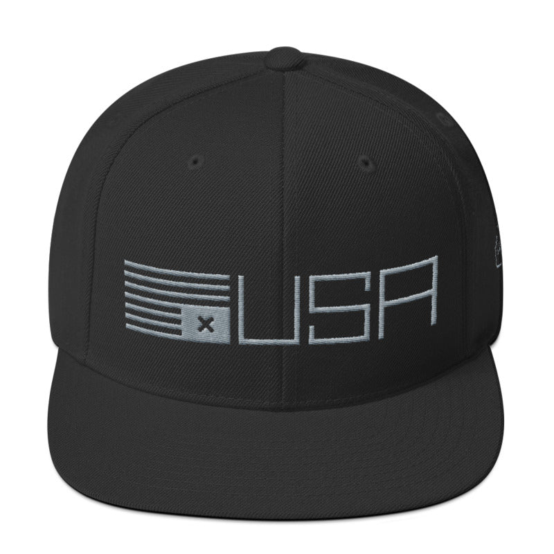 A classic cap featuring a political statement about the American democracy, showing an upside down simplified American flag with an X instead of stars, letters “USA” From wolfsaint.net