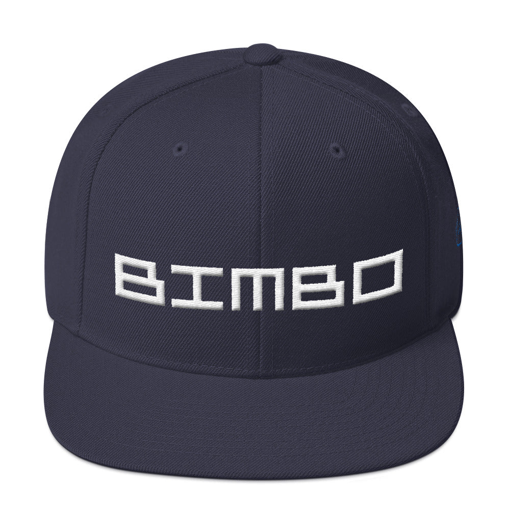 Navy Blue retro, classic snapback baseball cap with the sarcastic/ironic word BIMBO embroidered in a streetwise square techno font for skateboarders, rappers, athletes, etc. From wolfsaint.net