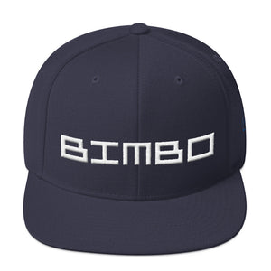 Navy Blue retro, classic snapback baseball cap with the sarcastic/ironic word BIMBO embroidered in a streetwise square techno font for skateboarders, rappers, athletes, etc. From wolfsaint.net