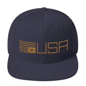 A classic cap featuring a political statement about the American democracy, showing an upside down simplified American flag with an X instead of stars, letters “USA” From wolfsaint.net